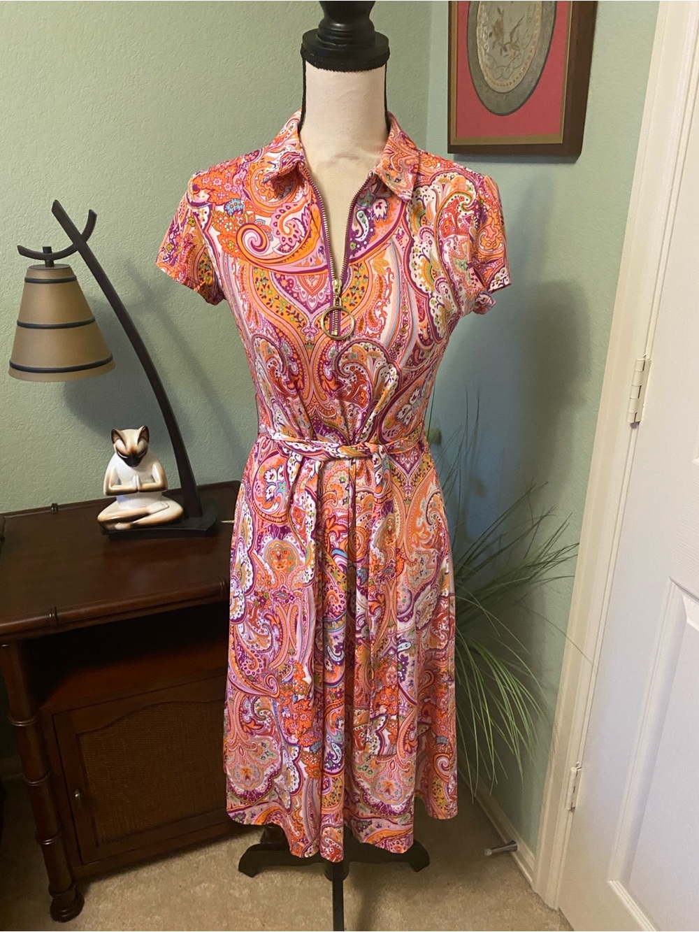 MSK Pink and Orange Paisley Midi Shirt Dress with Tie Waist